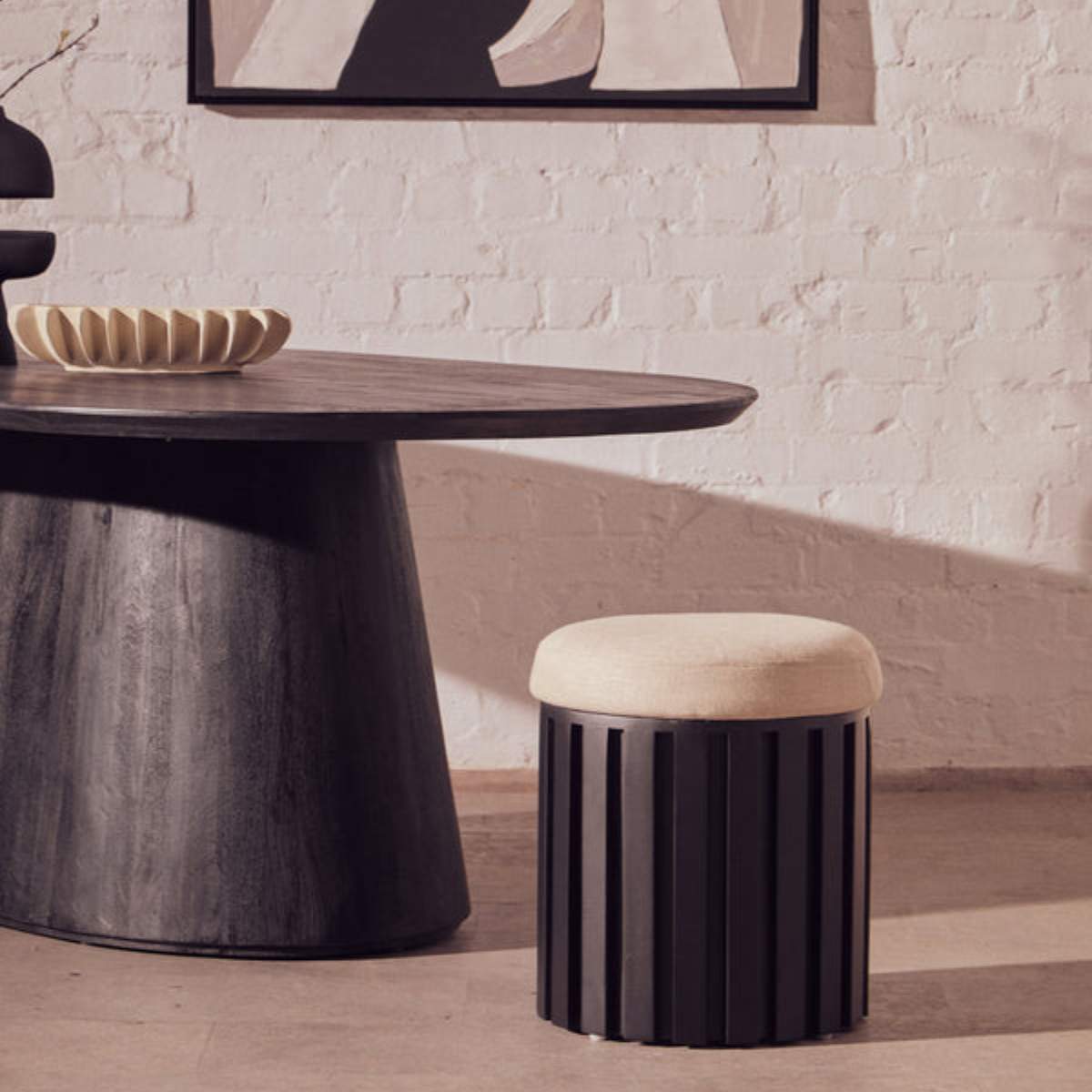 Beaumonde Home Perdoba Ridge Base Mango Wood Black Finish Texture Fabric Stool