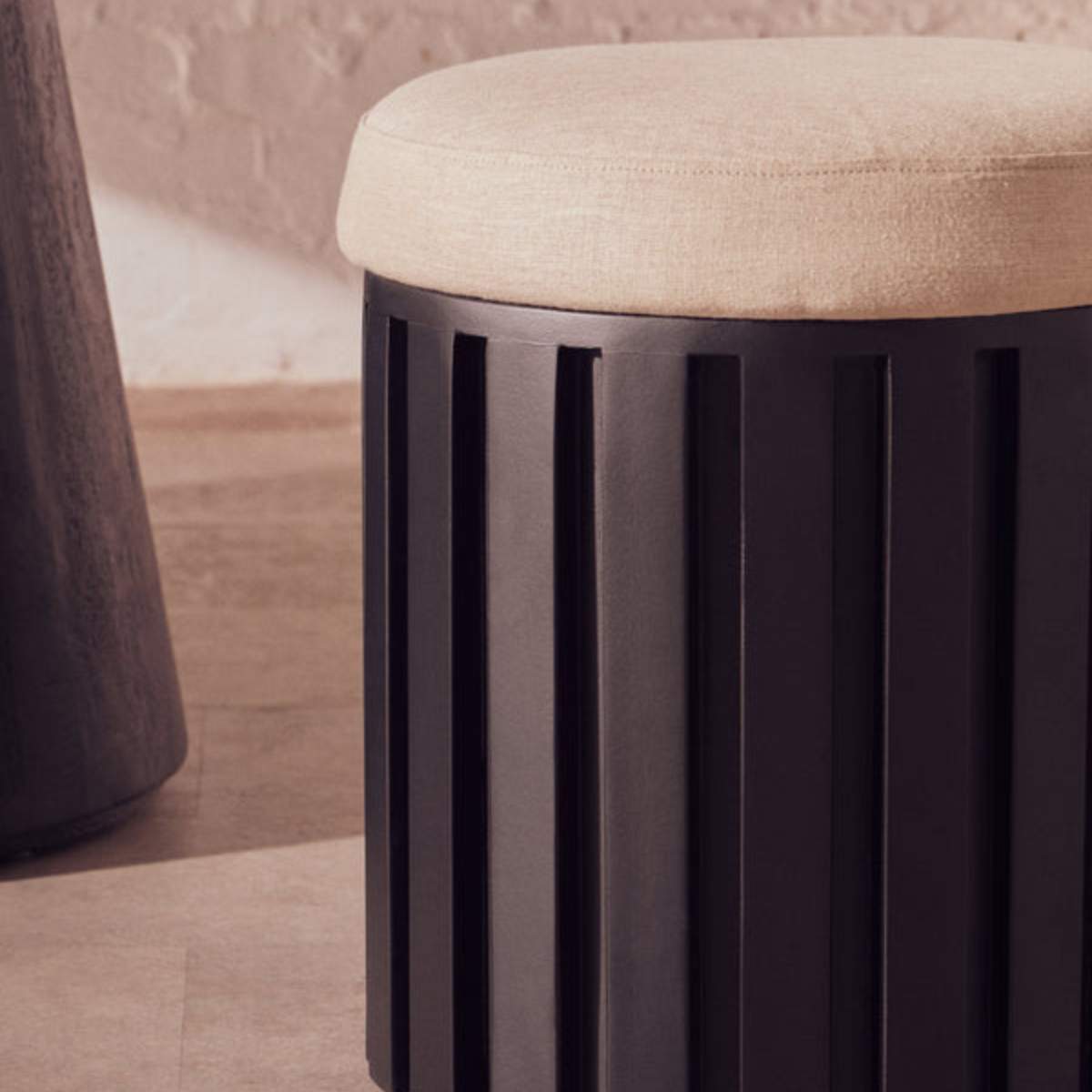 Beaumonde Home Perdoba Ridge Base Mango Wood Black Finish Texture Fabric Stool