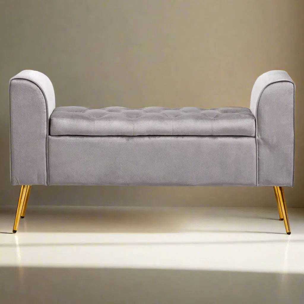 Beaumonde Home Lorenzo Grey Velvet Storage Bench-Beaumonde