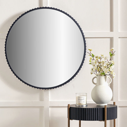 Beau&Co Black Metal Textured Edged Round Wall Mirror
