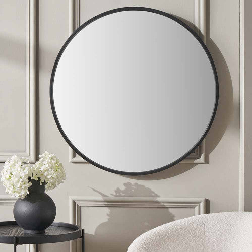 Beau&Co Black Wood Veneer and Mirrored Glass Round Wall Mirror