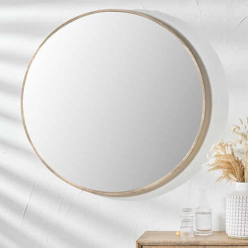 Beau&Co Natural Wood Veneer Slim Frame Round Mirror Large