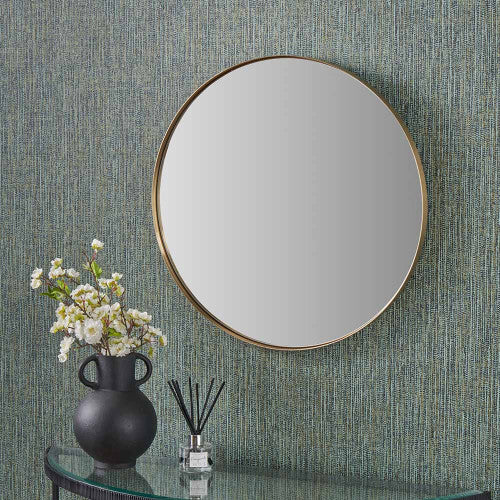 Pacific Lifestyle Brushed Gold Metal Slim Frame Round Wall Mirror Small