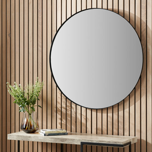 Beau&Co Black Metal Slim Frame Round Wall Mirror Large