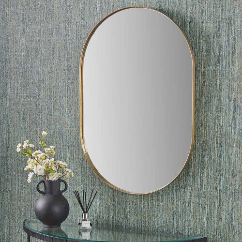 Beau&Co Brushed Gold Metal Slim Frame Oval Wall Mirror
