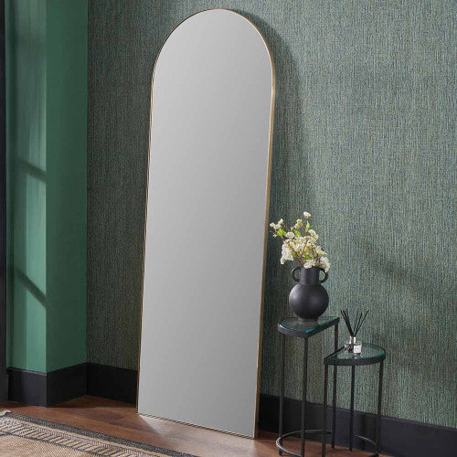 Beau&Co Brushed Gold Metal Slim Frame Arch Floor Mirror