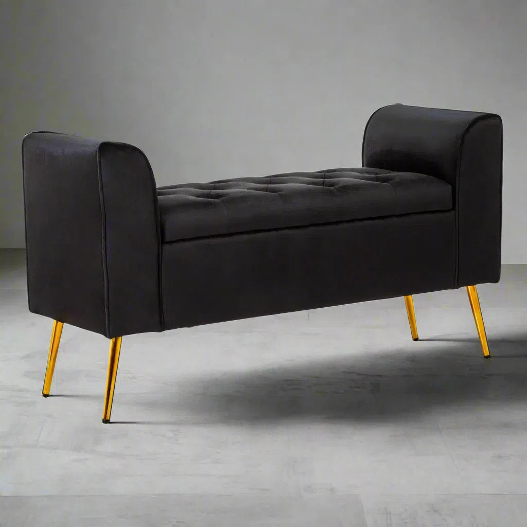 Beaumonde Home Lorenzo Black Velvet Storage Bench-Beaumonde