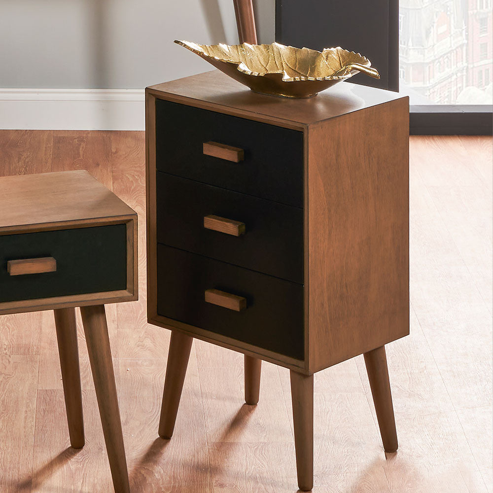 Pacific Lifestyle Klee Black Pine Wood 3 Drawer Bedside