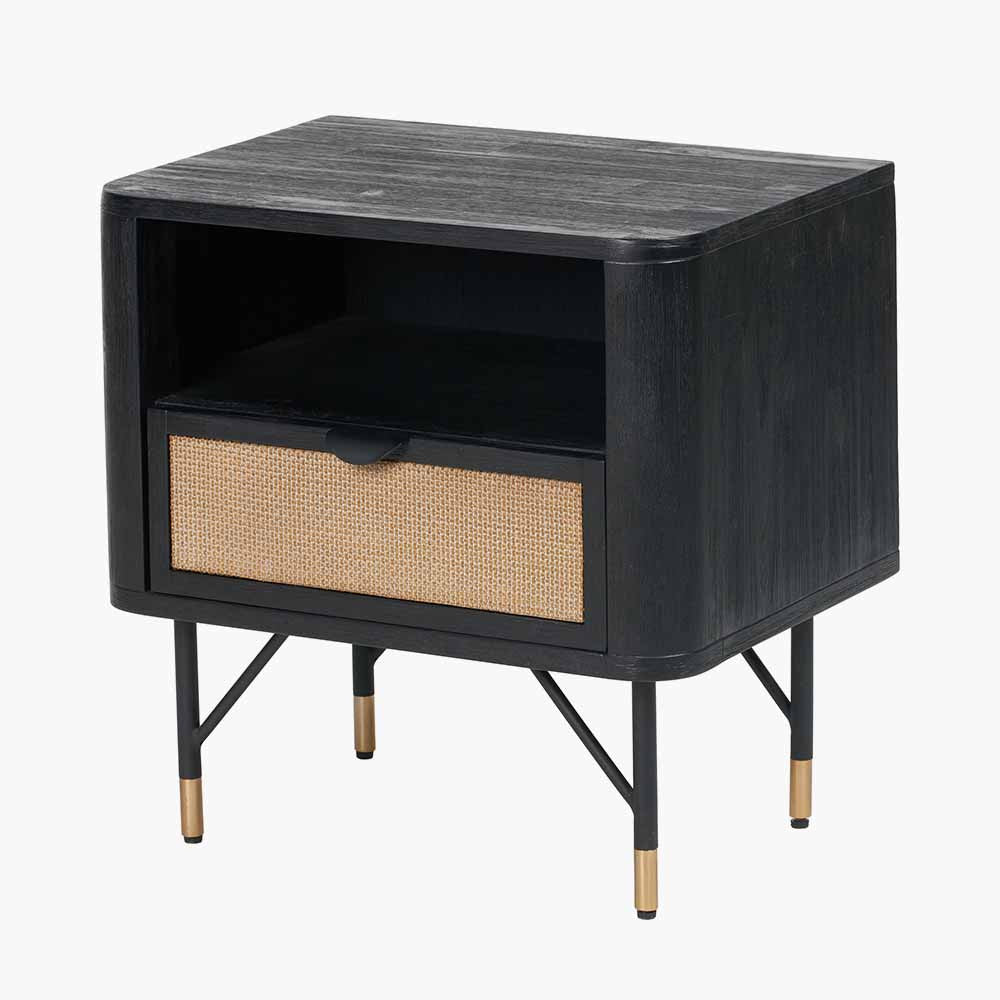 Pacific Lifestyle Fiji Black Acacia Wood and Natural Rattan 1 Drawer 1 Shelf Unit