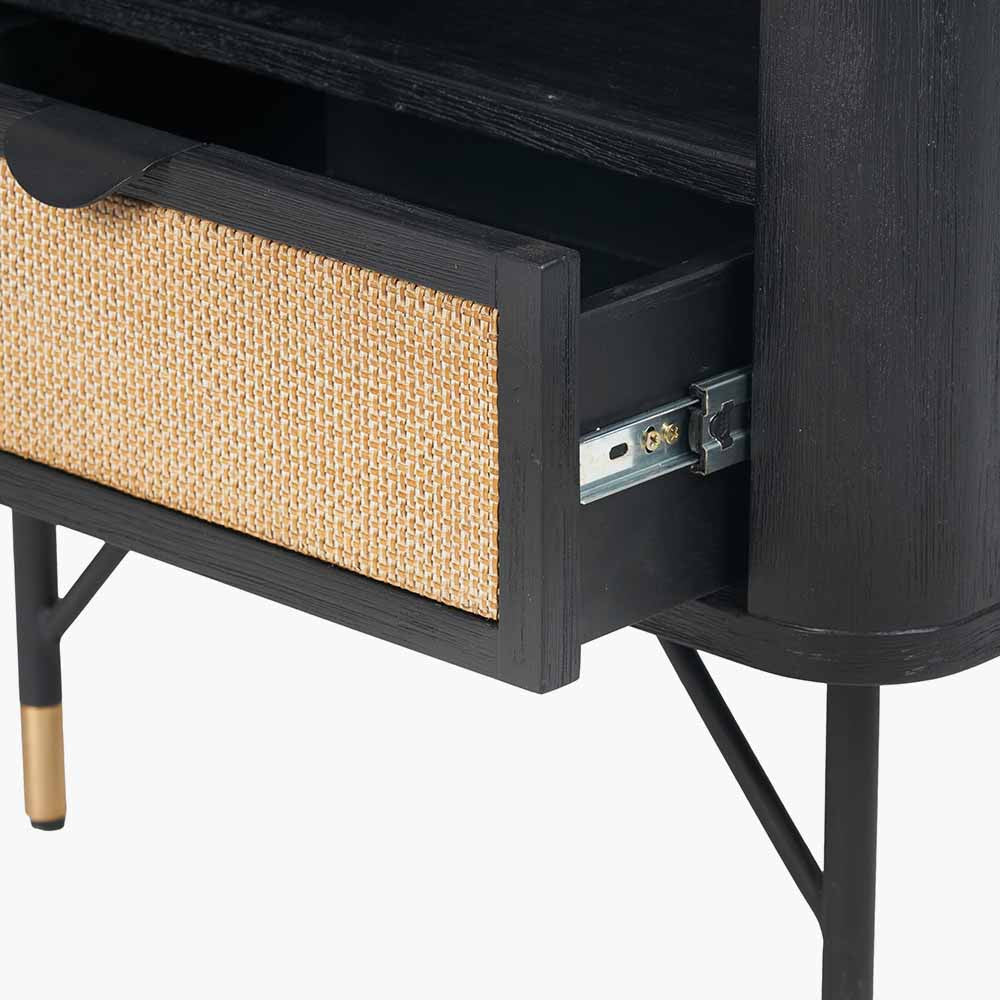 Pacific Lifestyle Fiji Black Acacia Wood and Natural Rattan 1 Drawer 1 Shelf Unit