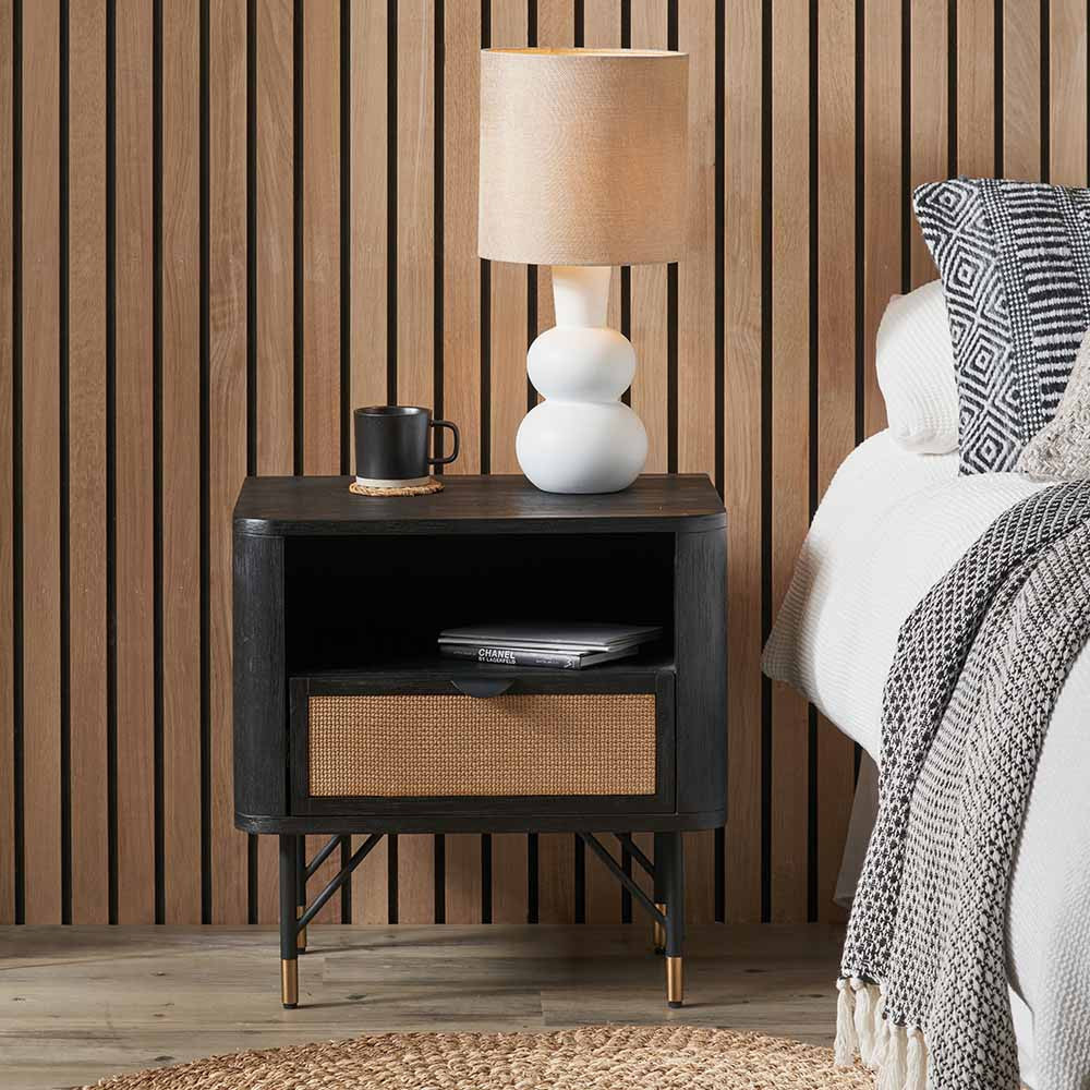 Pacific Lifestyle Fiji Black Acacia Wood and Natural Rattan 1 Drawer 1 Shelf Unit