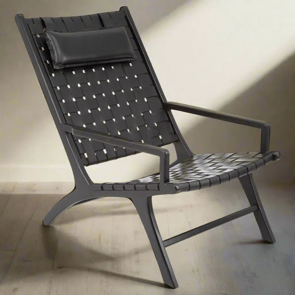 Beaumonde Home Kendang Black Leather Woven Chair-Beaumonde
