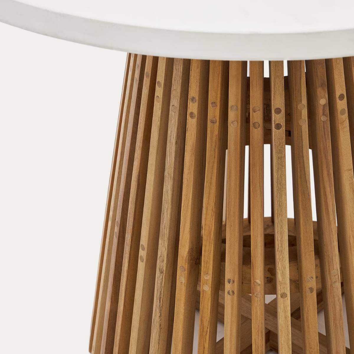 Kave Home Alcaufar round outdoor table made of solid teak wood and white cement Ø 90 cm