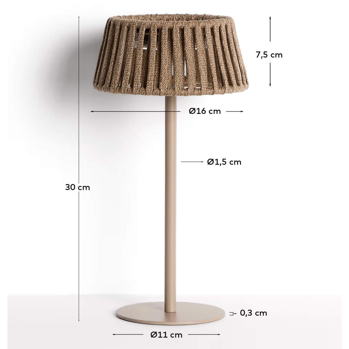 Kave Home Aldet outdoor solar table lamp in terracotta flat rope cord with metal stand