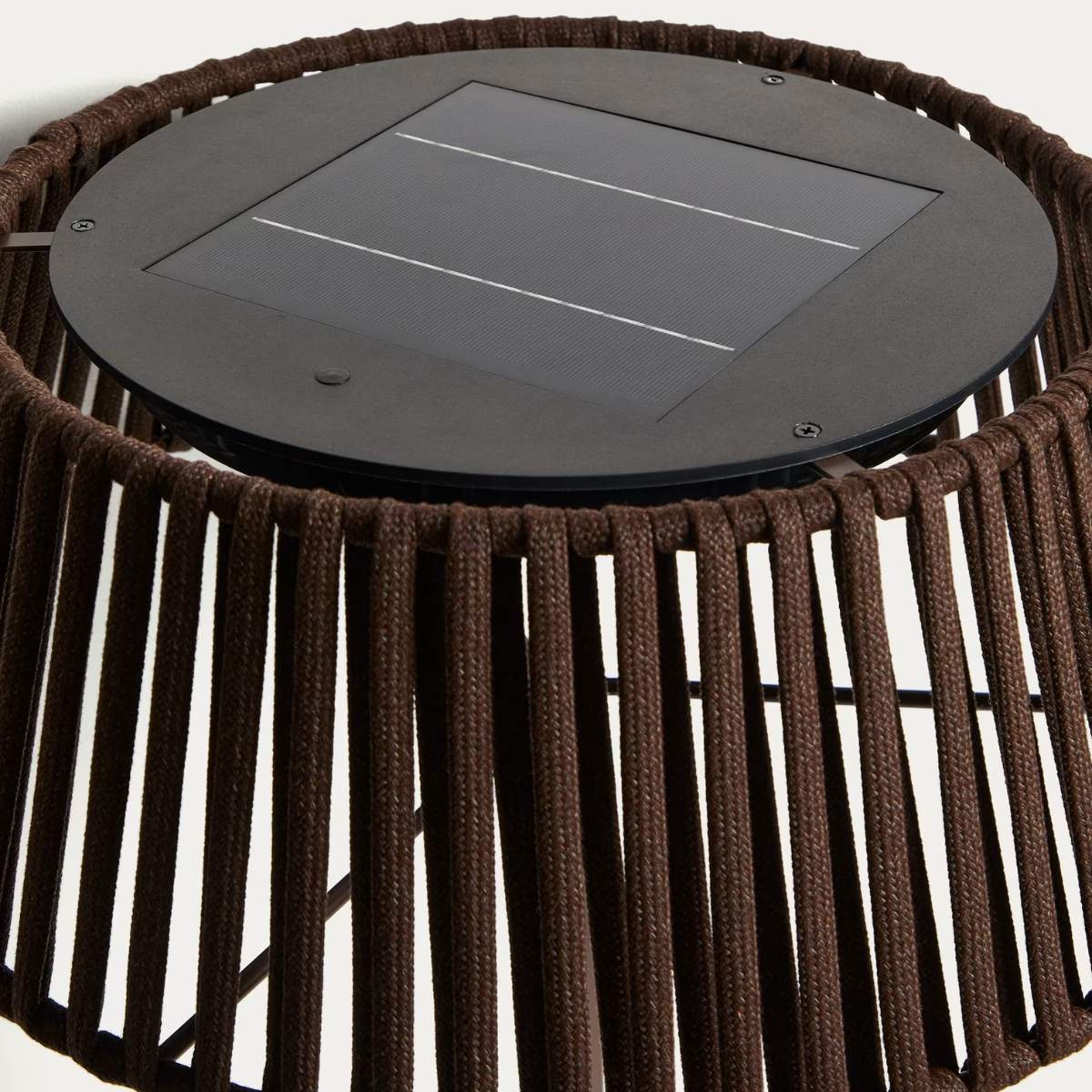 Kave Home Aldet outdoor solar floor lamp in terracotta flat rope cord with metal stand Ø46cm