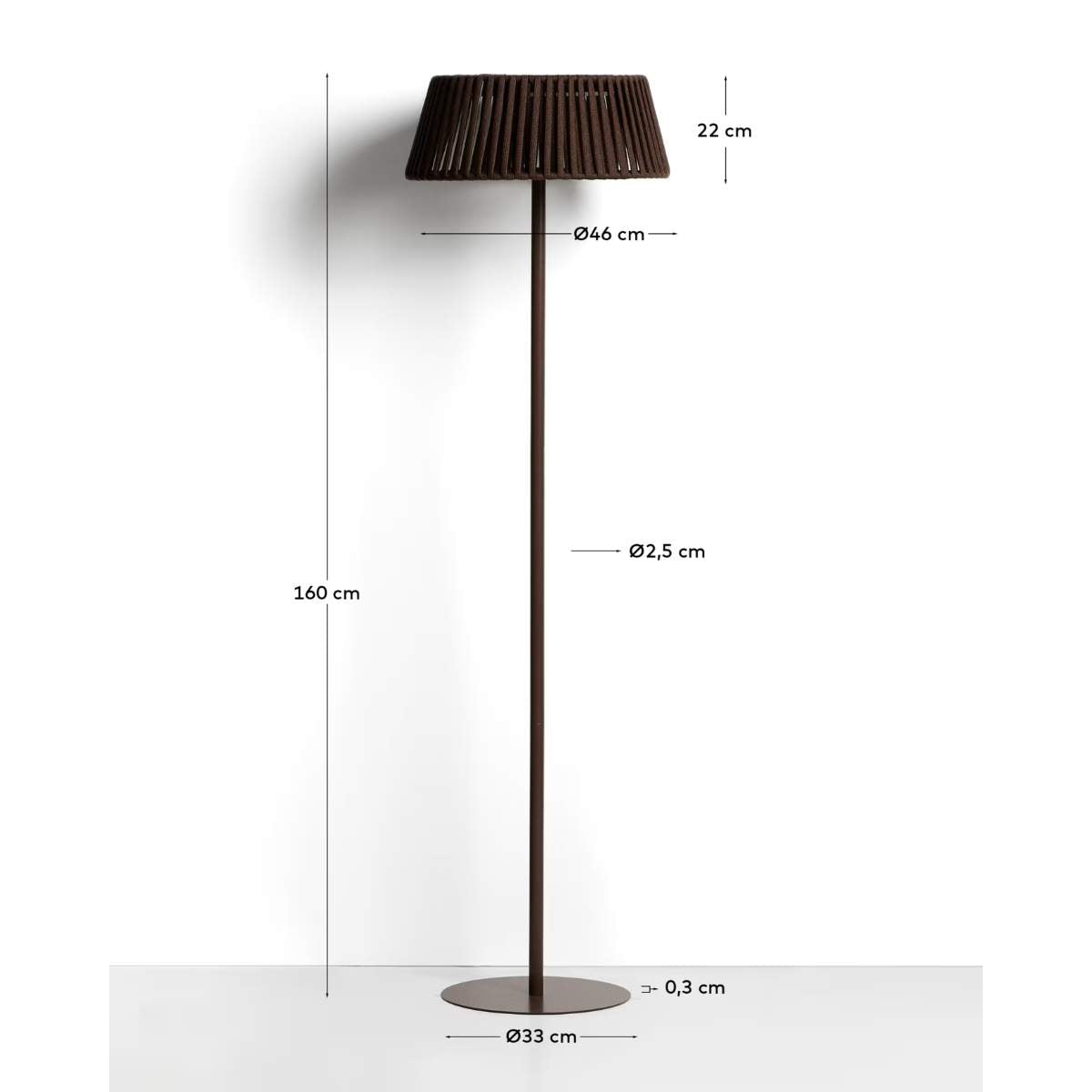 Kave Home Aldet outdoor solar floor lamp in terracotta flat rope cord with metal stand Ø46cm