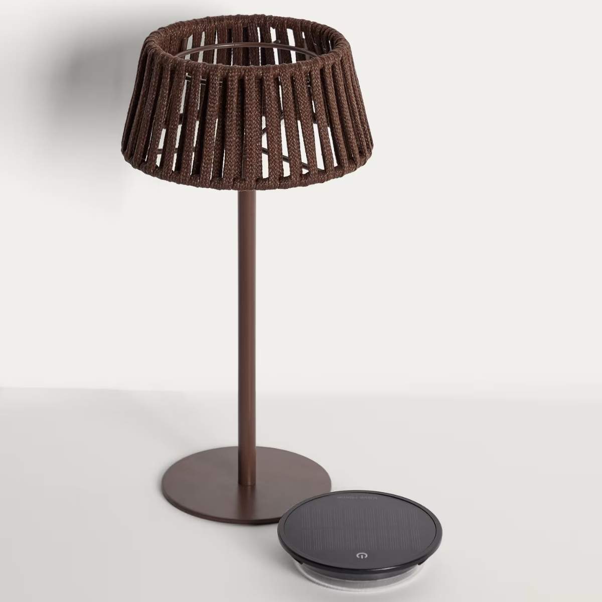 Kave Home Aldet outdoor solar table lamp in terracotta flat rope cord with metal stand