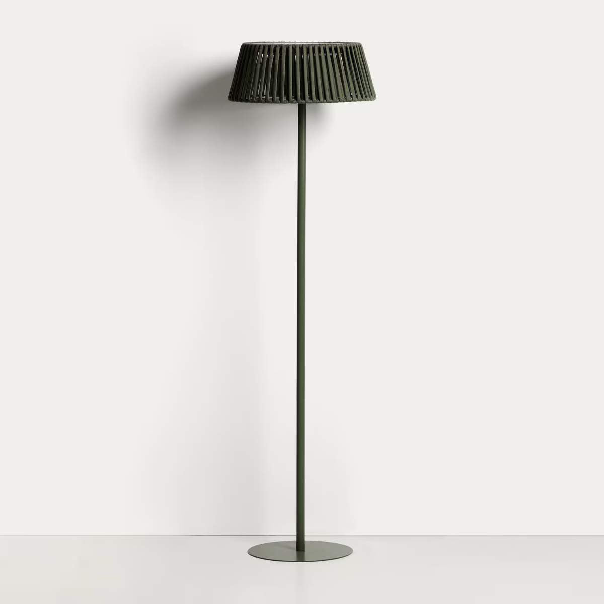 Kave Home Aldet outdoor solar floor lamp in terracotta flat rope cord with metal stand Ø46cm