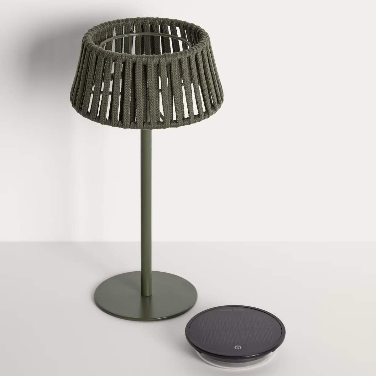 Kave Home Aldet outdoor solar table lamp in terracotta flat rope cord with metal stand