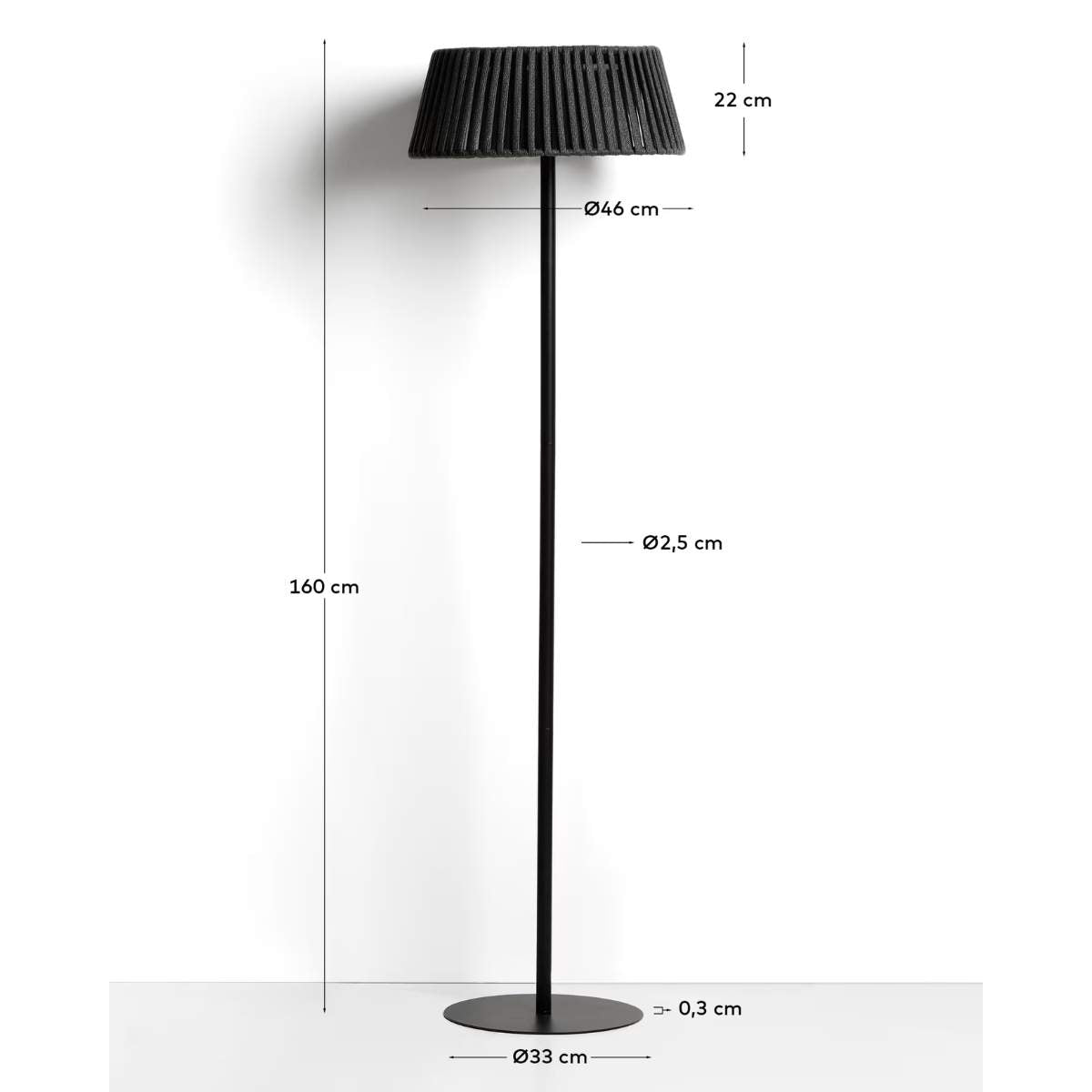 Kave Home Aldet outdoor solar floor lamp in terracotta flat rope cord with metal stand Ø46cm