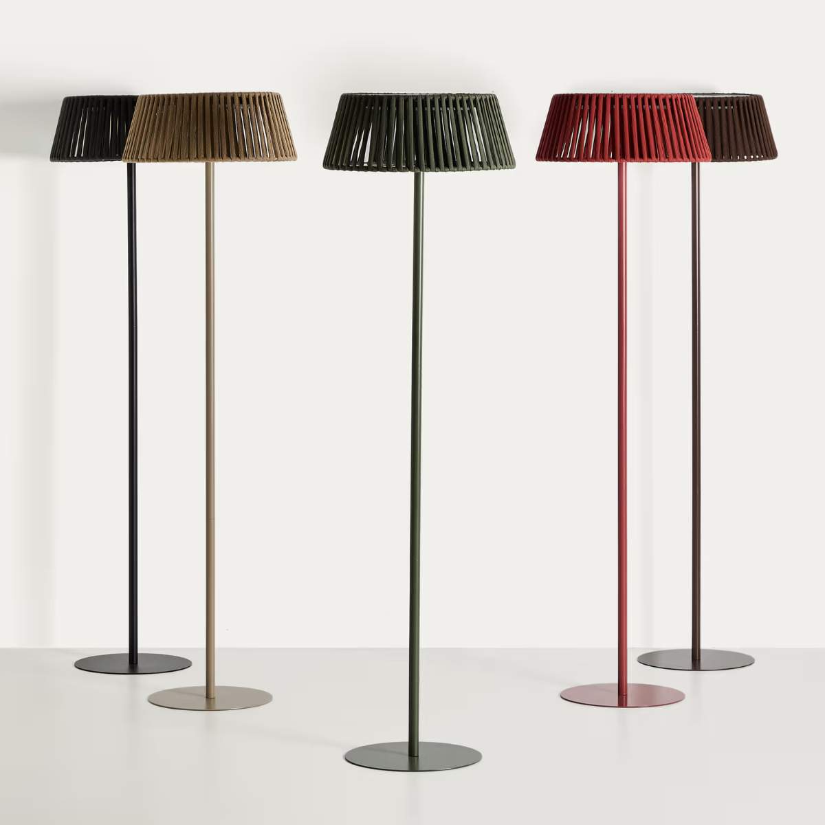 Kave Home Aldet outdoor solar floor lamp in terracotta flat rope cord with metal stand Ø46cm
