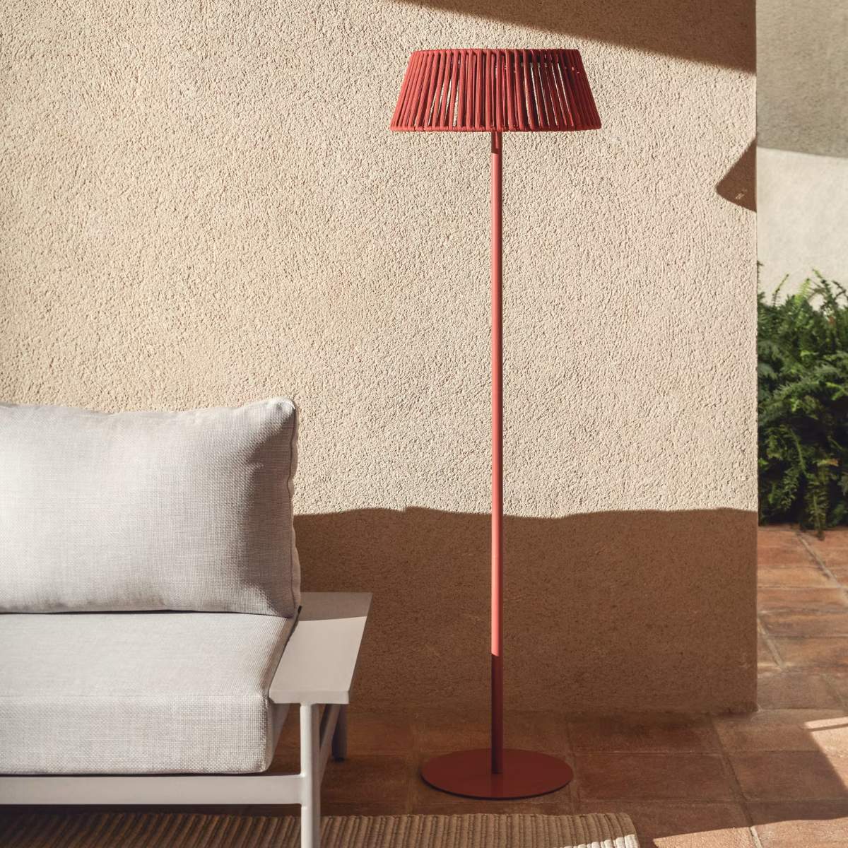 Kave Home Aldet outdoor solar floor lamp in terracotta flat rope cord with metal stand Ø46cm