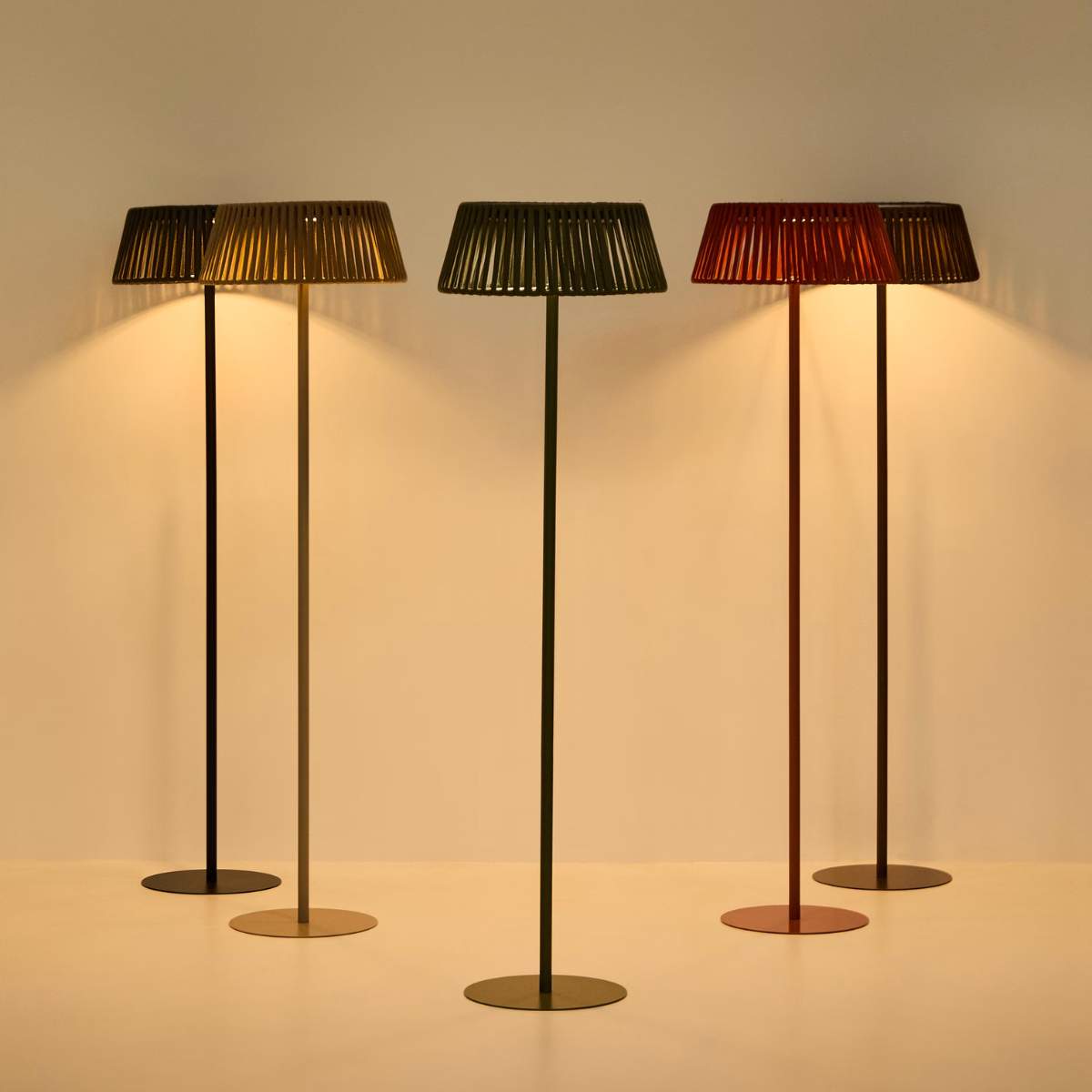 Kave Home Aldet outdoor solar floor lamp in terracotta flat rope cord with metal stand Ø46cm