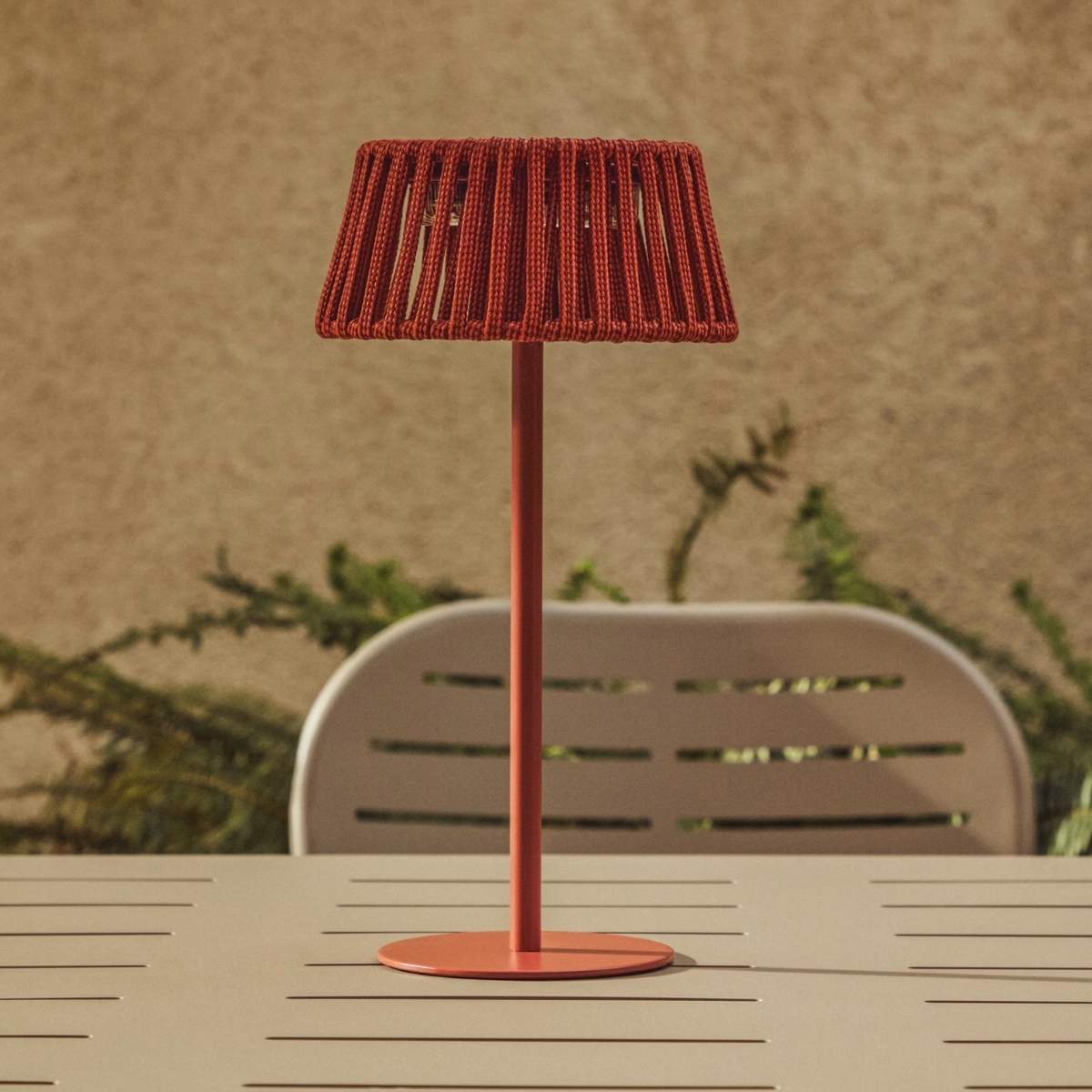 Kave Home Aldet outdoor solar table lamp in terracotta flat rope cord with metal stand
