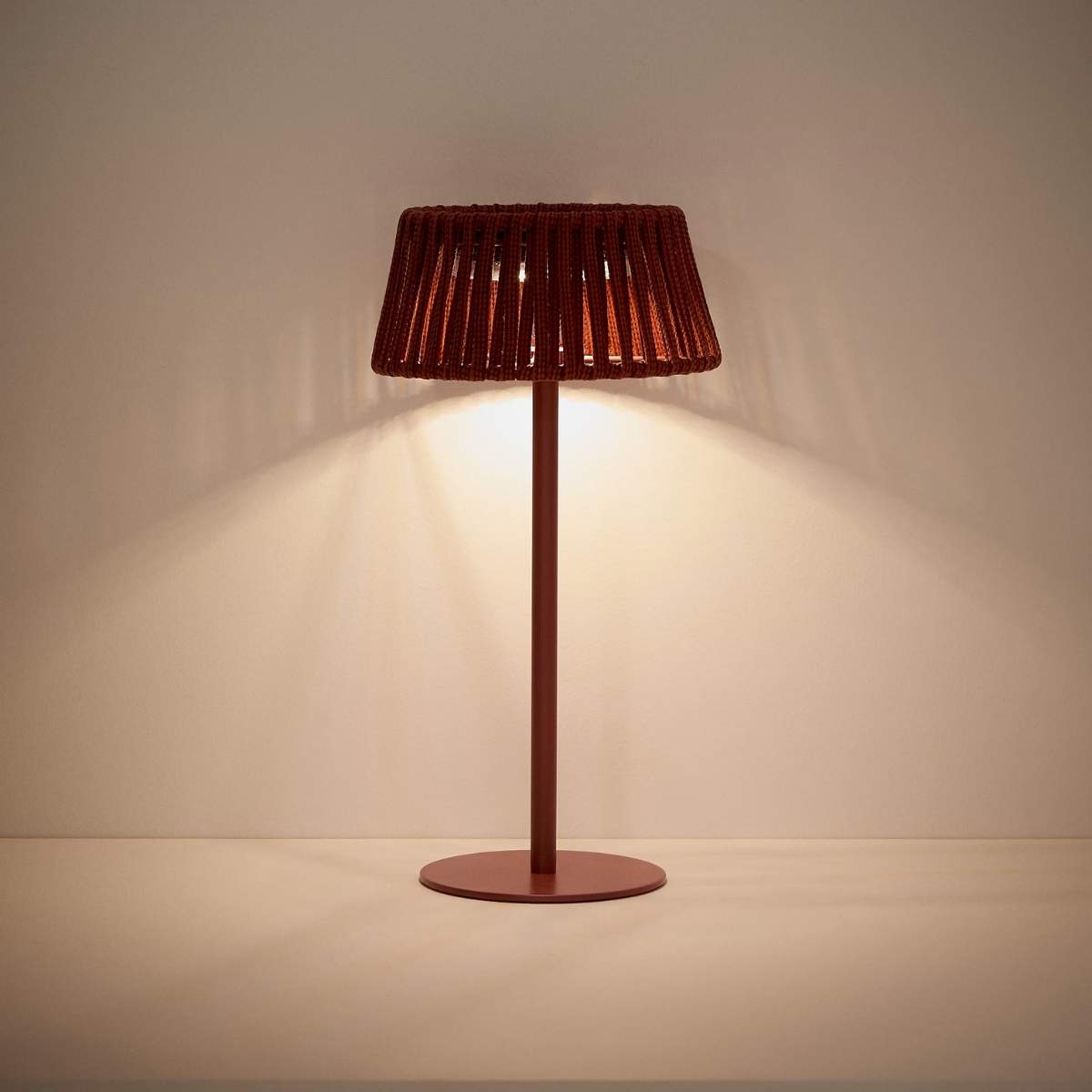 Kave Home Aldet outdoor solar table lamp in terracotta flat rope cord with metal stand
