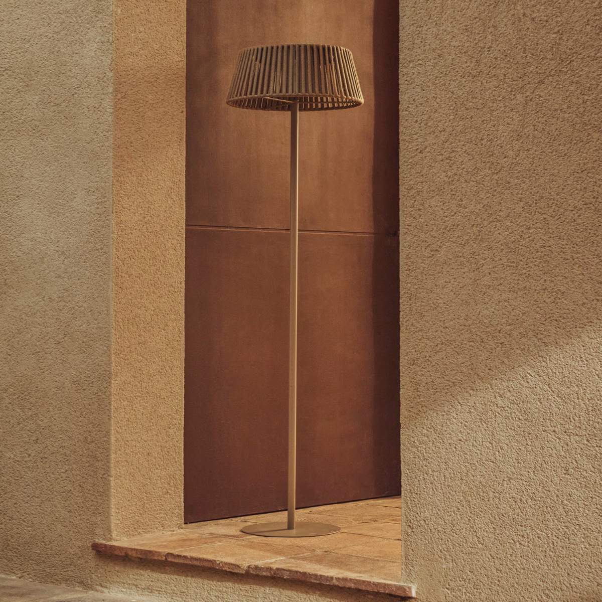 Kave Home Aldet outdoor solar floor lamp in terracotta flat rope cord with metal stand Ø46cm