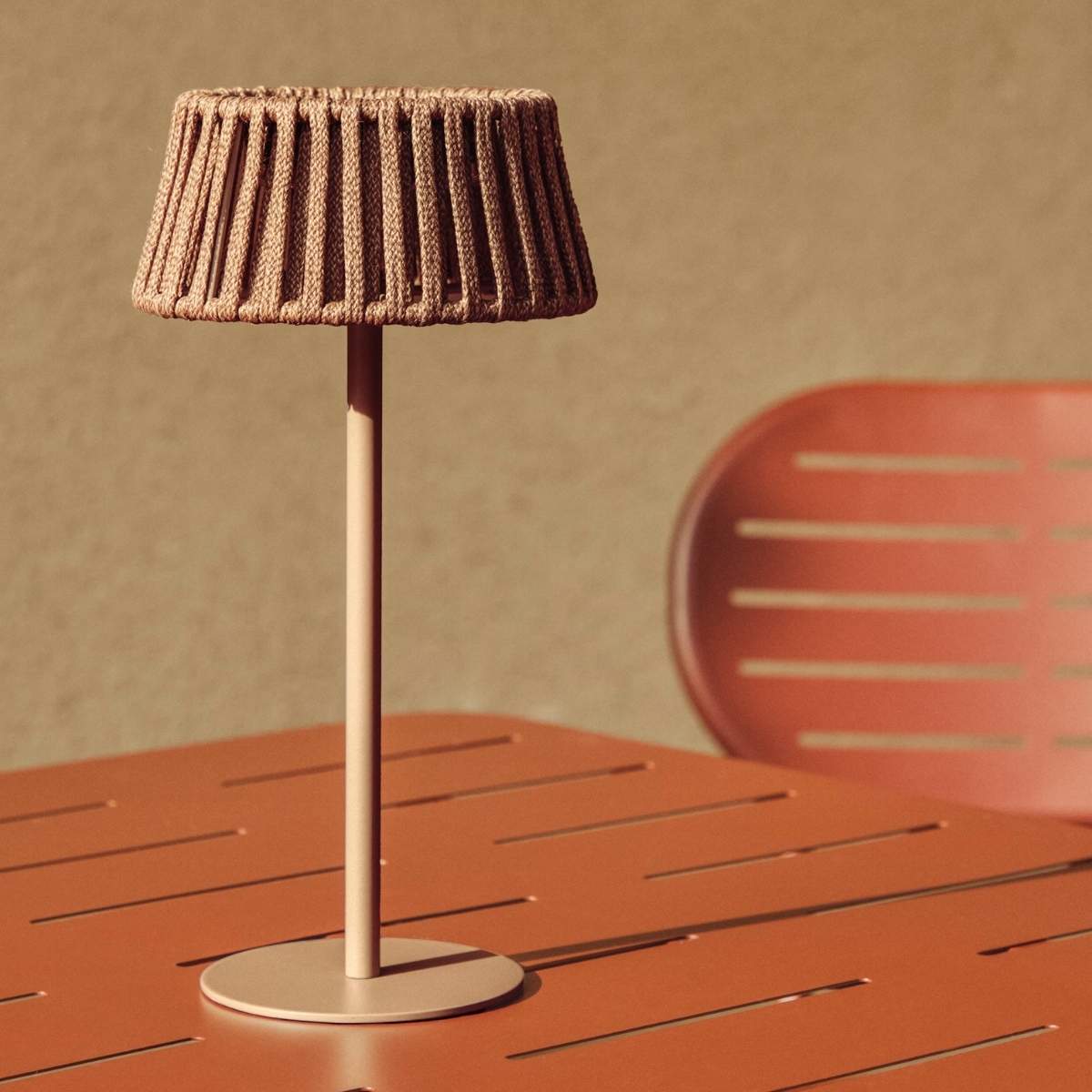 Kave Home Aldet outdoor solar table lamp in terracotta flat rope cord with metal stand