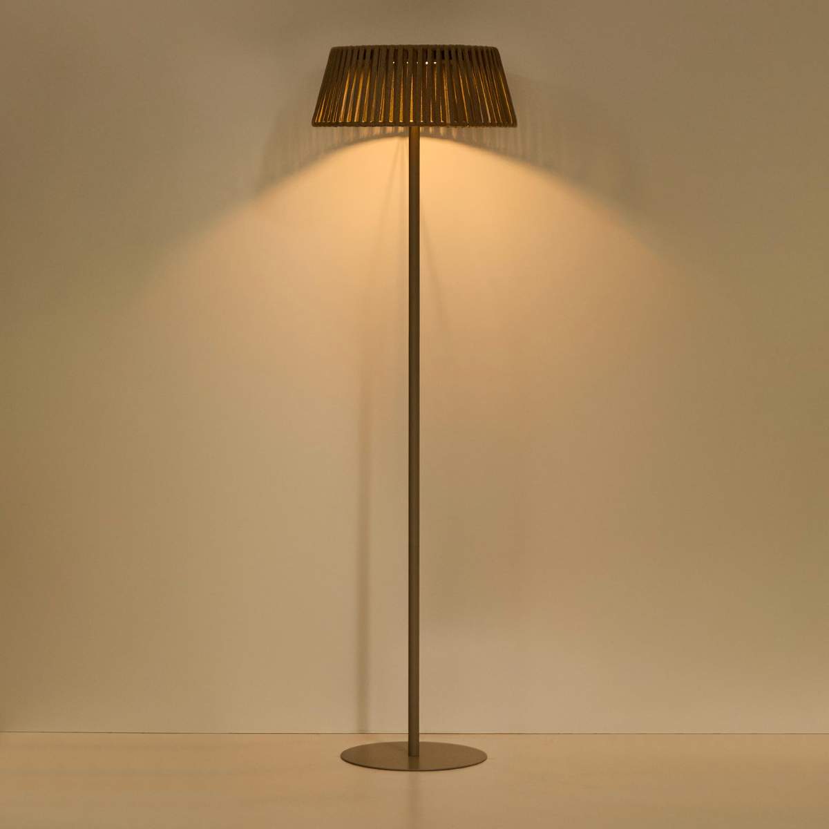 Kave Home Aldet outdoor solar floor lamp in terracotta flat rope cord with metal stand Ø46cm