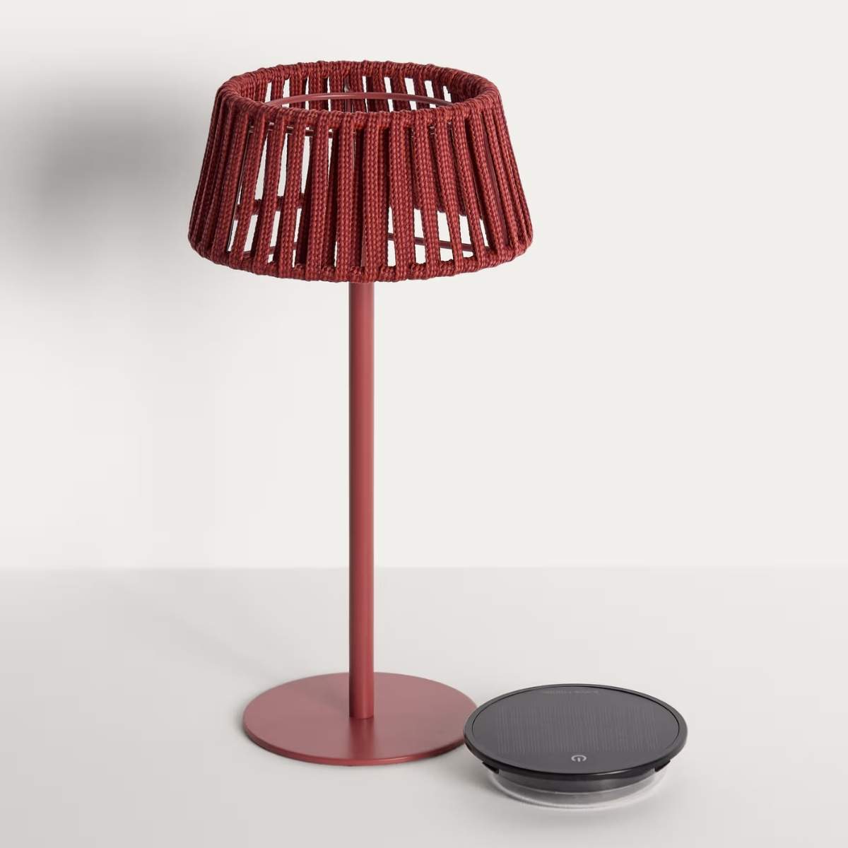 Kave Home Aldet outdoor solar table lamp in terracotta flat rope cord with metal stand