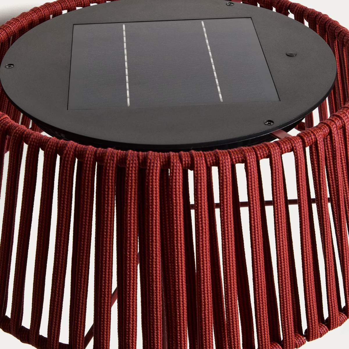 Kave Home Aldet outdoor solar floor lamp in terracotta flat rope cord with metal stand Ø46cm