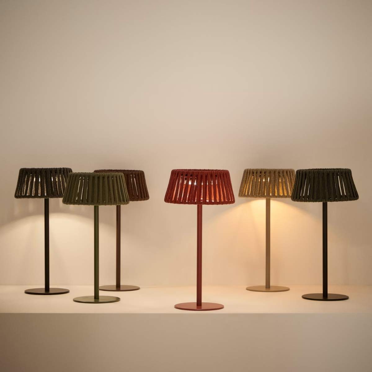 Kave Home Aldet outdoor solar table lamp in terracotta flat rope cord with metal stand