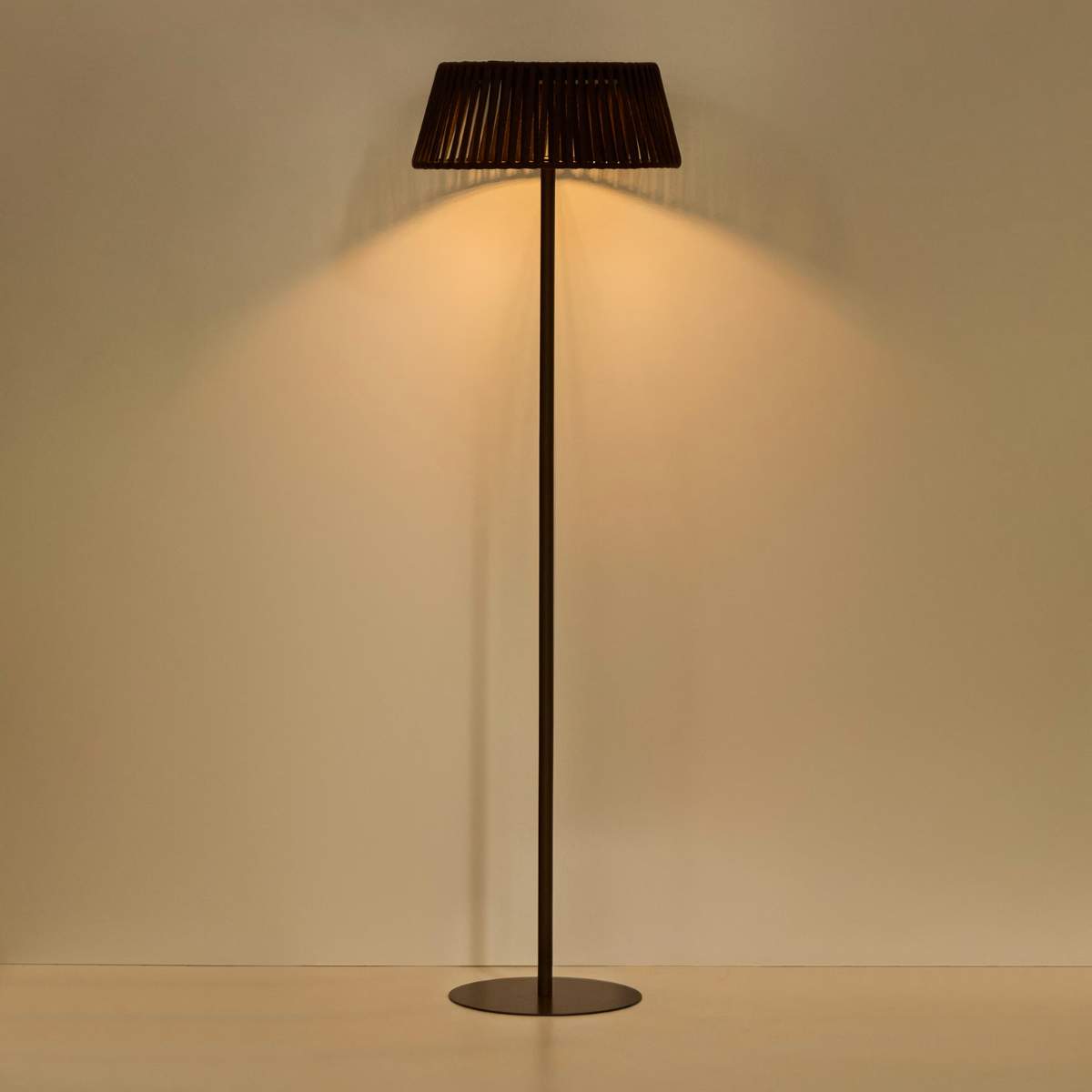 Kave Home Aldet outdoor solar floor lamp in terracotta flat rope cord with metal stand Ø46cm