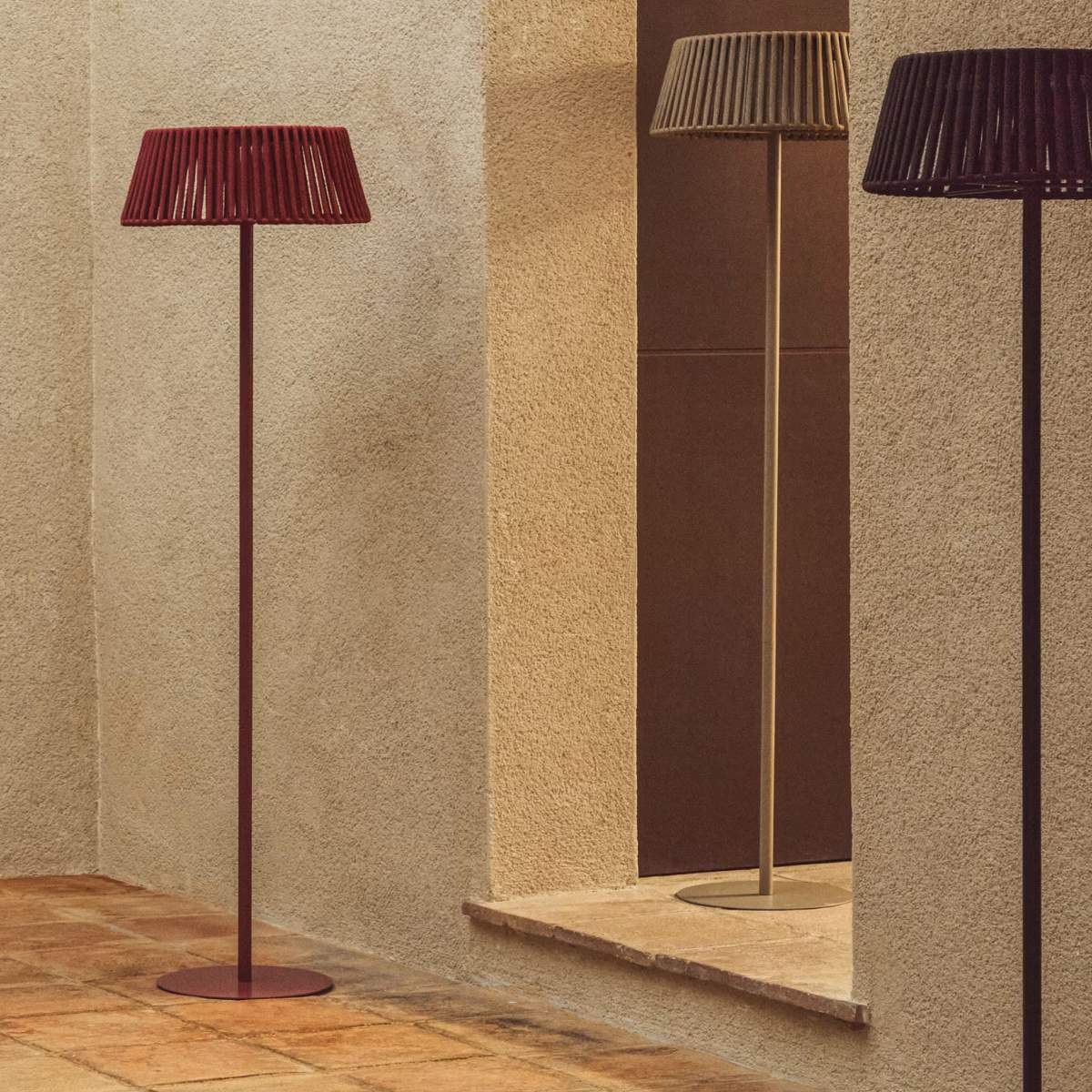 Kave Home Aldet outdoor solar floor lamp in terracotta flat rope cord with metal stand Ø46cm