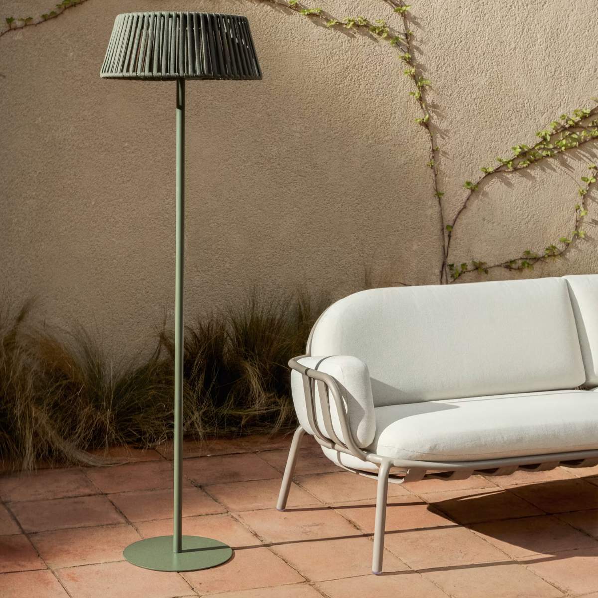 Kave Home Aldet outdoor solar floor lamp in terracotta flat rope cord with metal stand Ø46cm