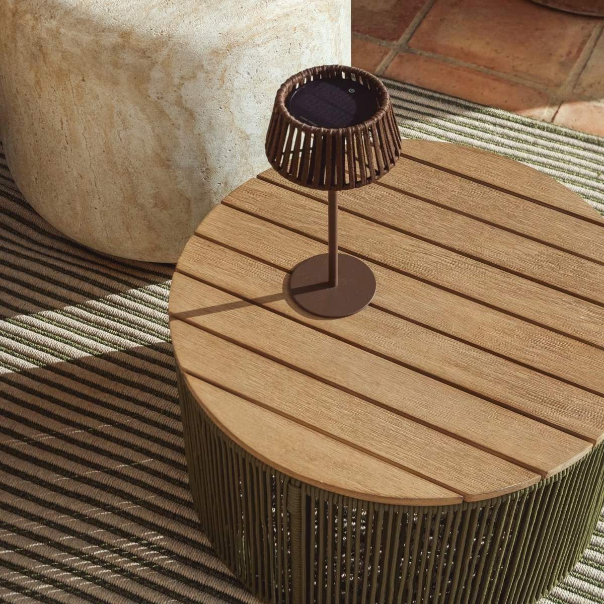 Kave Home Aldet outdoor solar table lamp in terracotta flat rope cord with metal stand