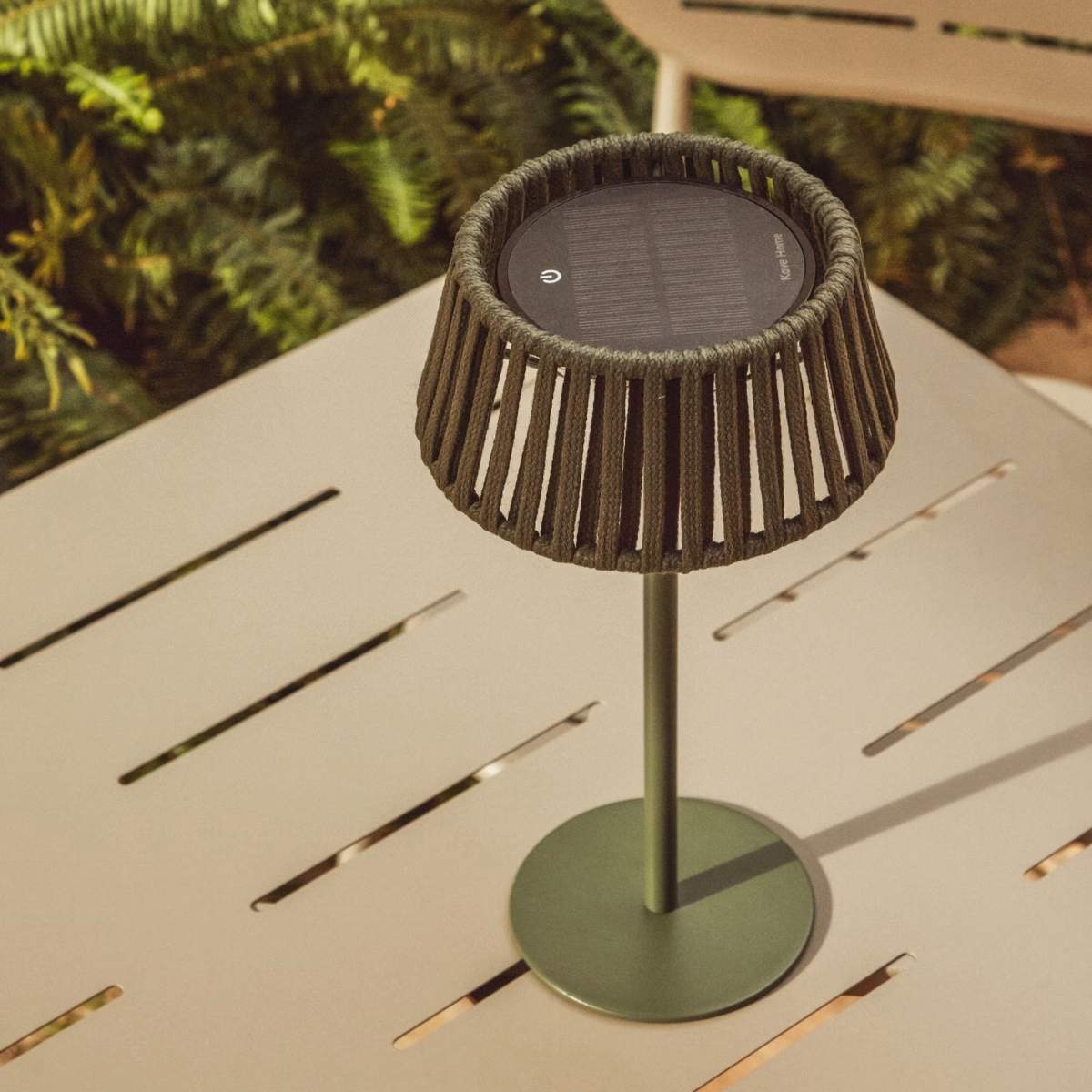 Kave Home Aldet outdoor solar table lamp in terracotta flat rope cord with metal stand
