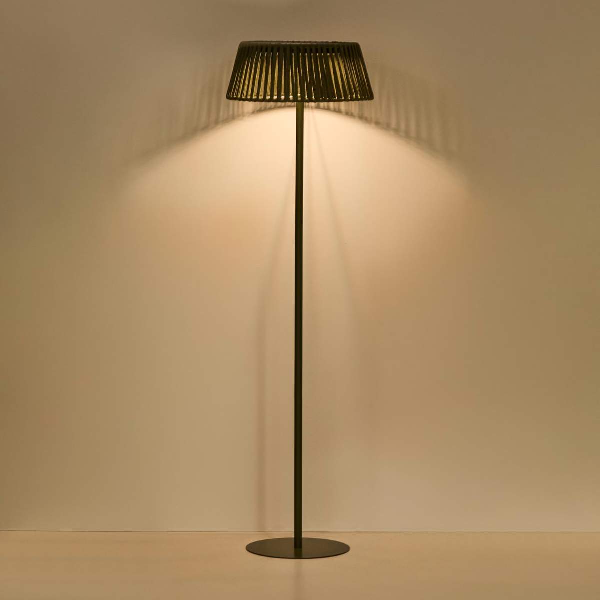 Kave Home Aldet outdoor solar floor lamp in terracotta flat rope cord with metal stand Ø46cm