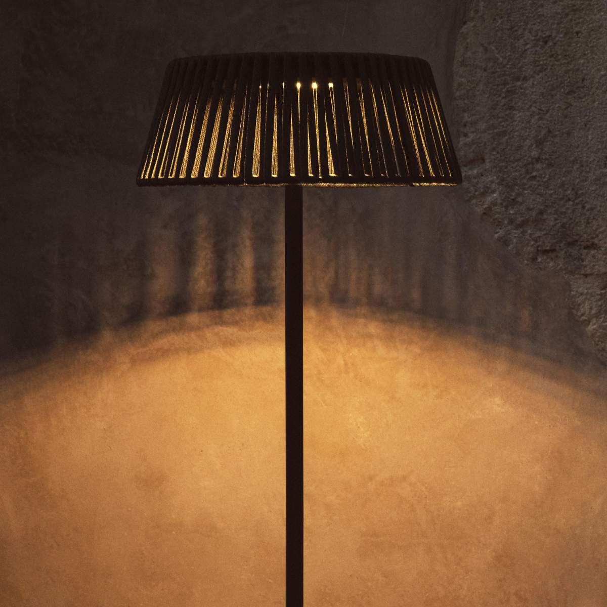 Kave Home Aldet outdoor solar floor lamp in terracotta flat rope cord with metal stand Ø46cm