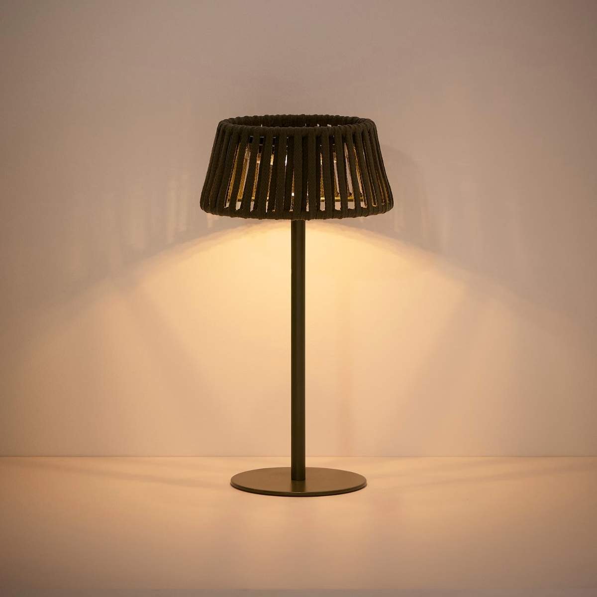 Kave Home Aldet outdoor solar table lamp in terracotta flat rope cord with metal stand