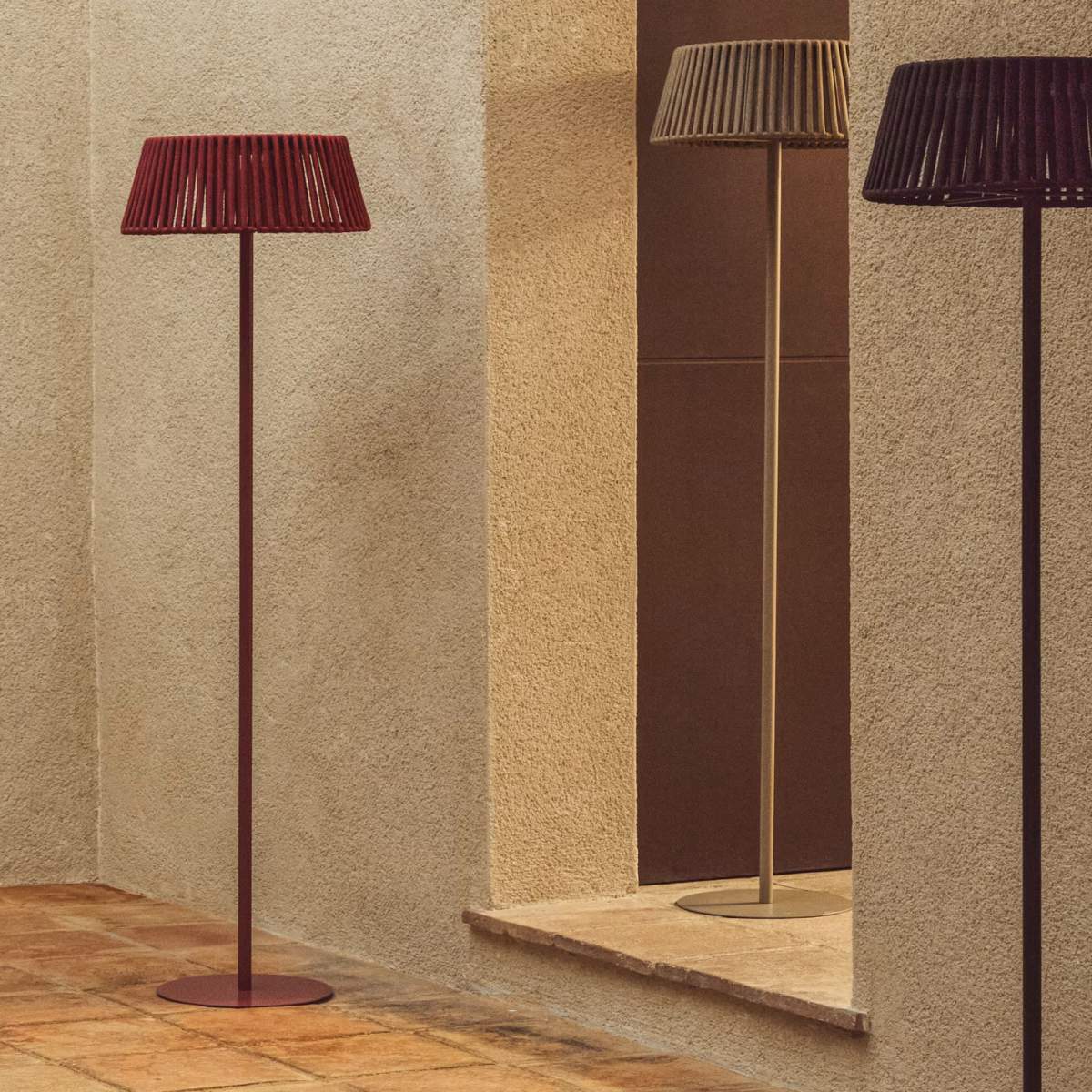 Kave Home Aldet outdoor solar floor lamp in terracotta flat rope cord with metal stand Ø46cm