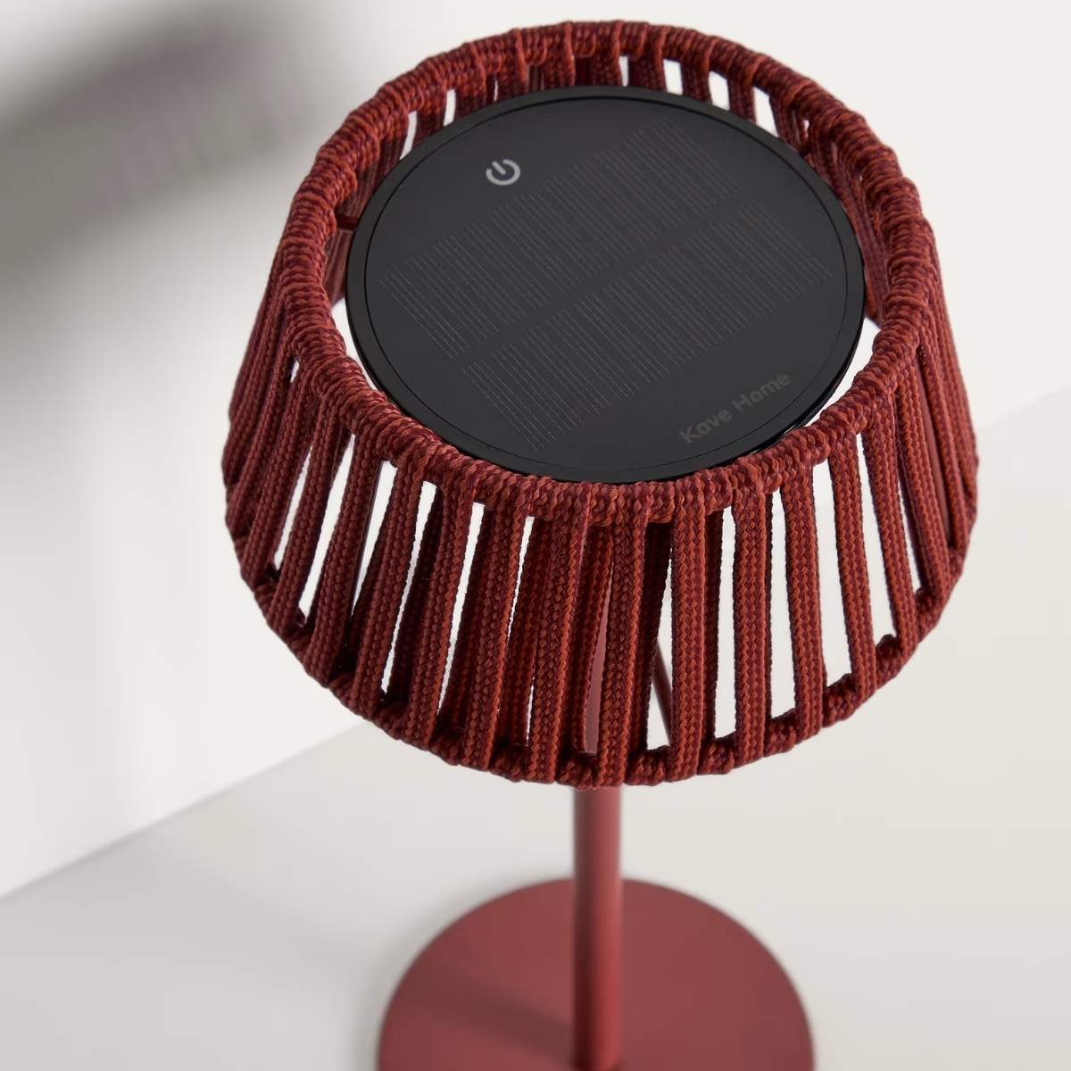 Kave Home Aldet outdoor solar table lamp in terracotta flat rope cord with metal stand
