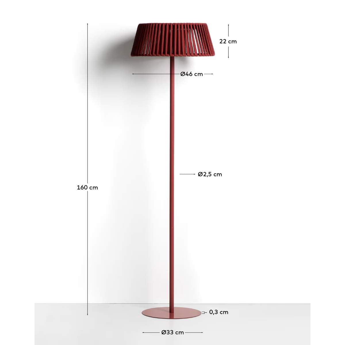 Kave Home Aldet outdoor solar floor lamp in terracotta flat rope cord with metal stand Ø46cm