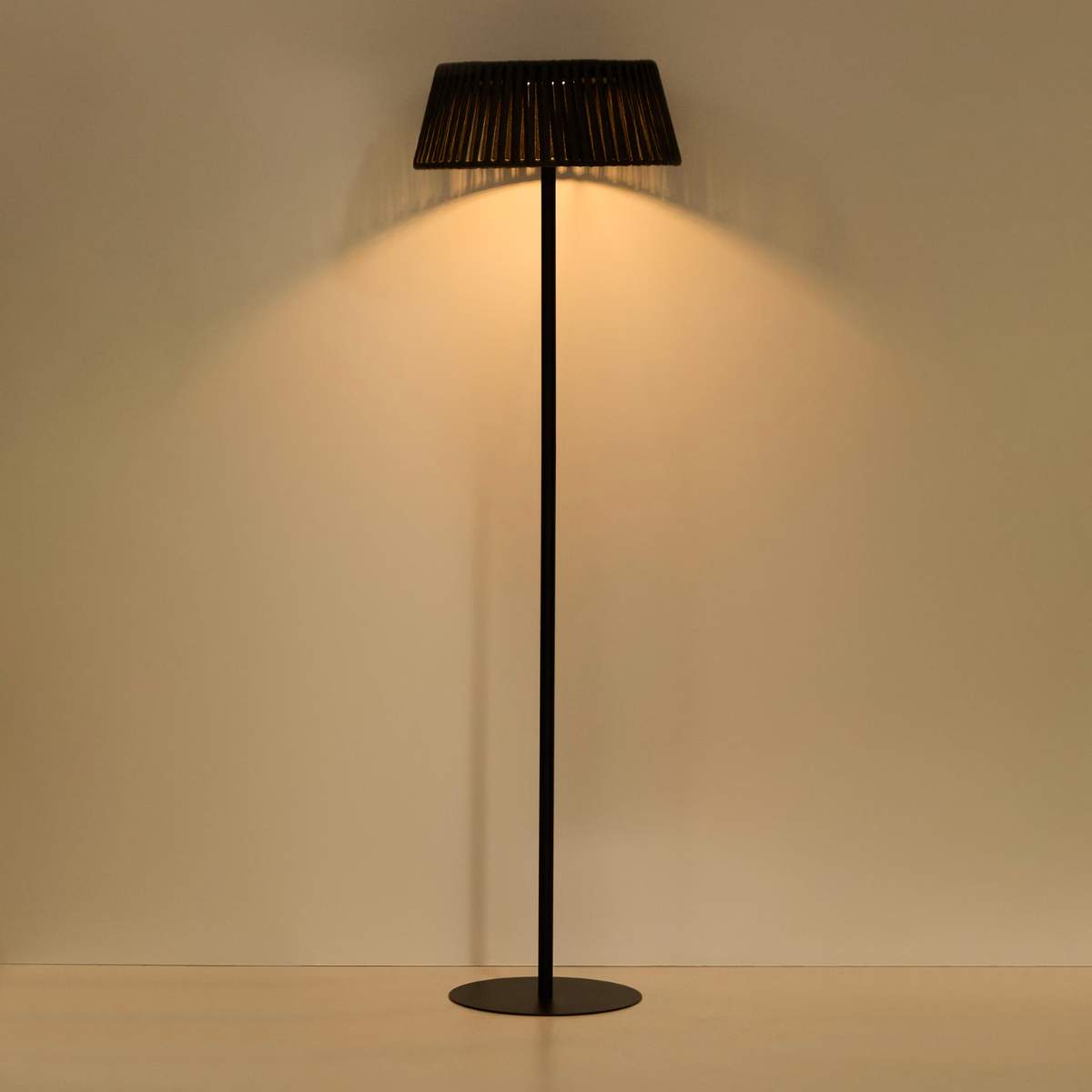 Kave Home Aldet outdoor solar floor lamp in terracotta flat rope cord with metal stand Ø46cm