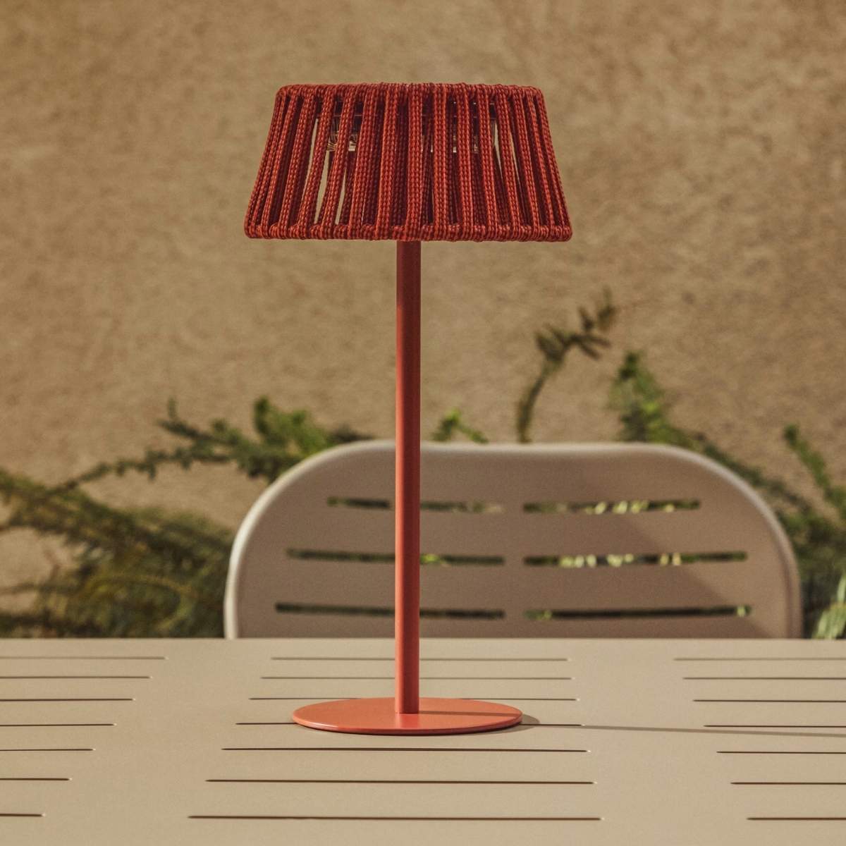 Kave Home Aldet outdoor solar table lamp in terracotta flat rope cord with metal stand