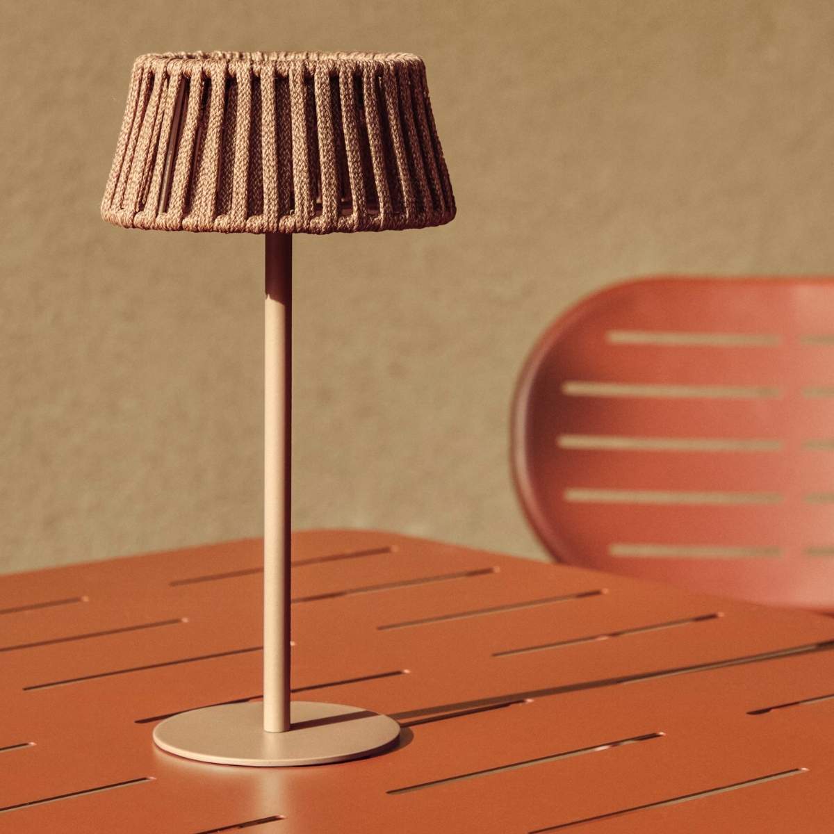 Kave Home Aldet outdoor solar table lamp in terracotta flat rope cord with metal stand