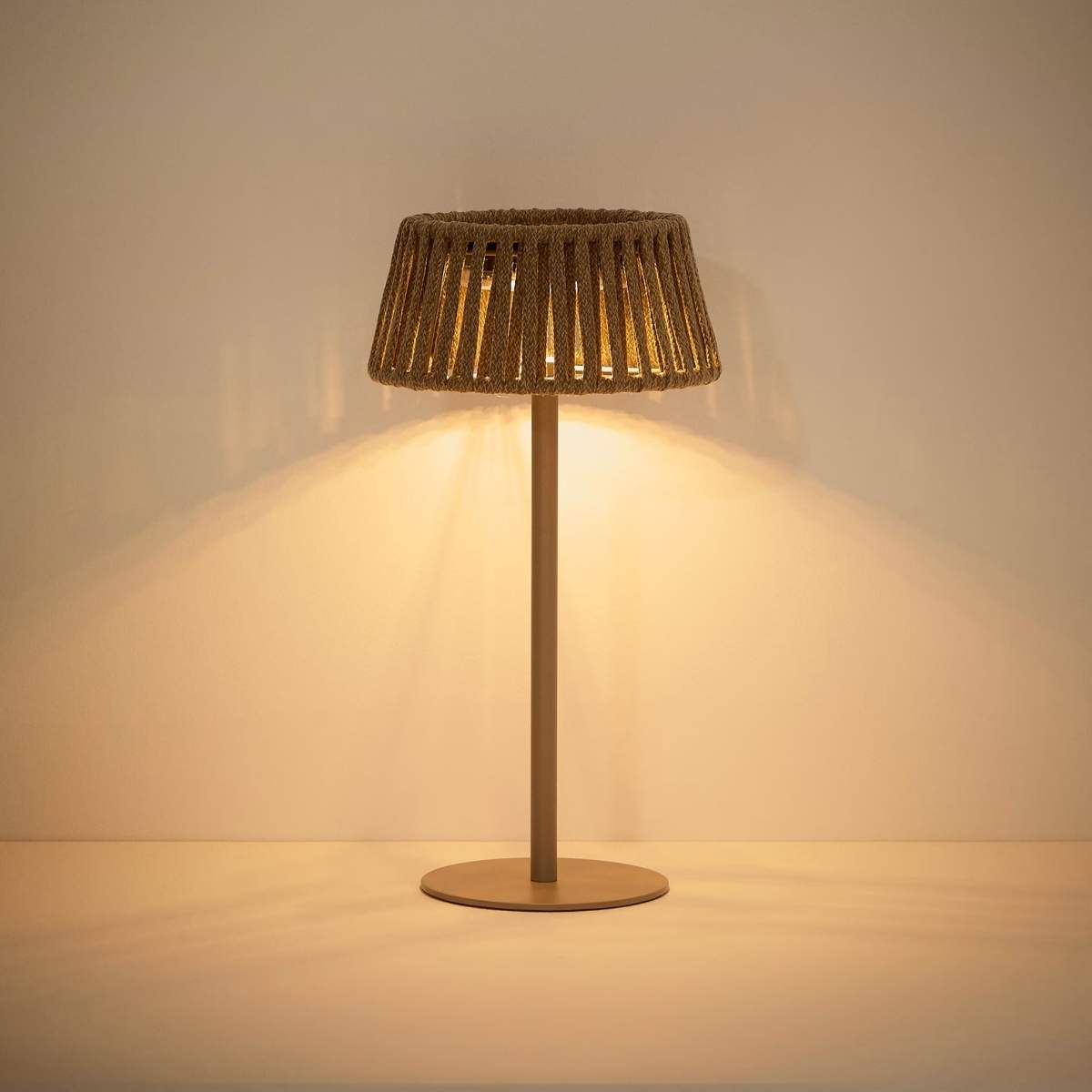 Kave Home Aldet outdoor solar table lamp in terracotta flat rope cord with metal stand